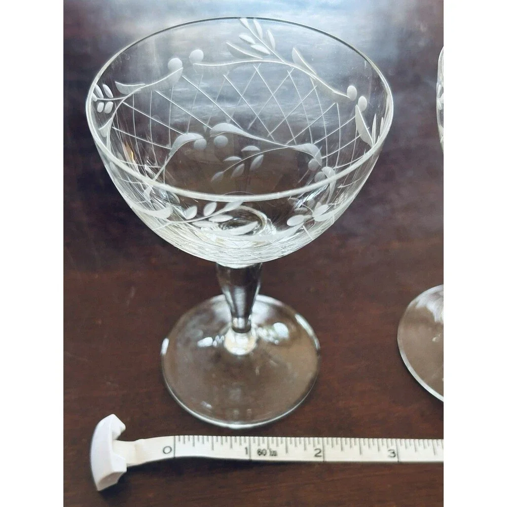 Vintage 1940 Elegant Hand‎ Engraved Czech Bohemian Crystal Coupes